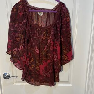 Ariat Paisley Blouse -Burgundy & Pink Butterfly Sleeves Square Neck Sheer Size M